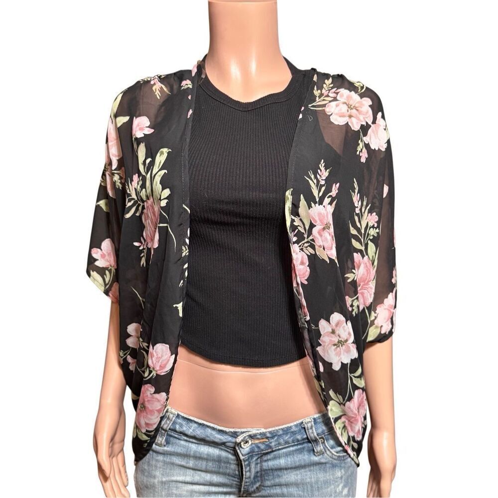 Misty rose sheer open front floral black  sheer S